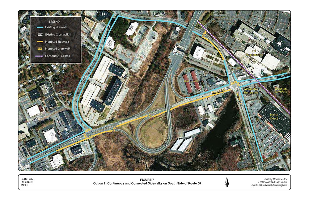 FIGURE 7. Aerial-view map that illustrates “Improvement Option 2,” which recommends constructing new sidewalks on the south side of Route 30 near the MassPike connector ramps in order to provide continuous sidewalk.